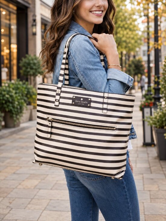 kate spade Handbags - Kate Spade Penn Valley Cream & Brown Stripe Shopper Tote | Classic & Spacious